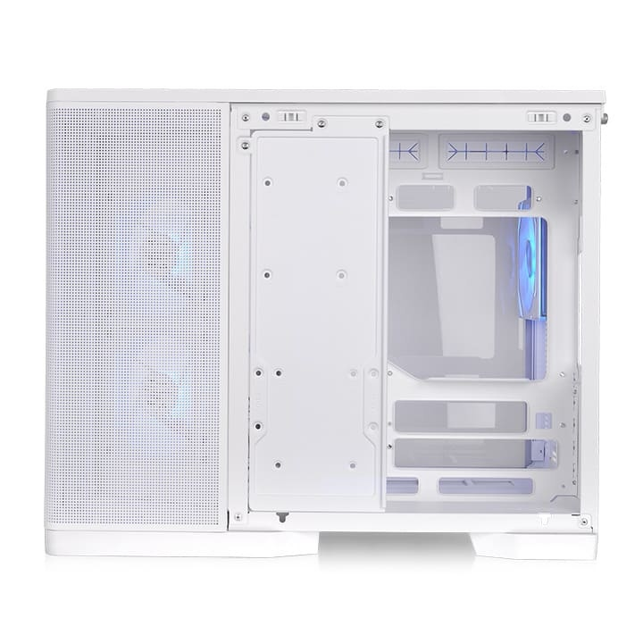 Weißes Arcus 280 TG Micro-Tower-Gehäuse mit Panorama-Design, Mesh-Front und vorinstallierten ARGB-Lüftern.