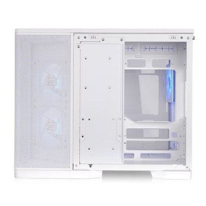 Weißes Arcus 280 TG Micro-Tower-Gehäuse mit Panorama-Design, Mesh-Front und vorinstallierten ARGB-Lüftern.