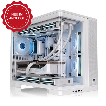 Weißes Arcus 280 TG Micro-Tower-Gehäuse mit Panorama-Glasfront, ARGB-Lüftern und moderner Hardware-Konfiguration.