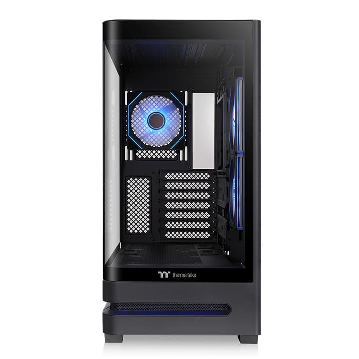 Schwarzes Arcus 290 TG ARGB Mid-Tower-Gehäuse mit gebogener Panorama-Glasfront und beleuchtetem Infinity-Lüfter.