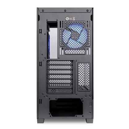 Rückansicht des schwarzen Arcus 290 TG ARGB Mid-Tower-Gehäuses mit blau beleuchtetem Lüfter und Erweiterungsslots.