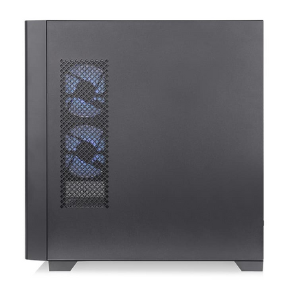 Schwarzes Arcus 290 TG ARGB Mid-Tower-Gehäuse mit seitlichem Lüftergitter und blauer Beleuchtung auf weißem Hintergrund.