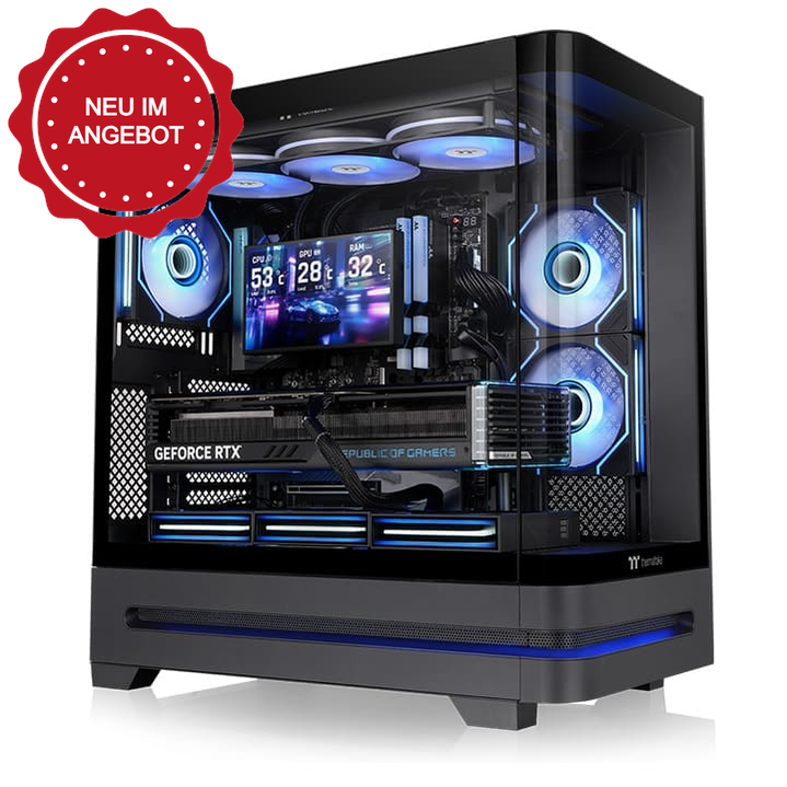 Schwarzes Arcus 290 TG ARGB Mid-Tower-Gehäuse mit gebogenem Panorama-Glas, Infinity-Lüftern und interner Hardware-Beleuchtung.