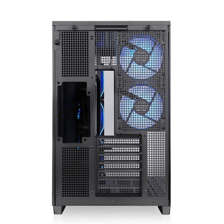 Rückansicht des schwarzen Arcus 380 TG PC-Gehäuses mit Lüftergittern und Slot-Blenden für Hardware-Komponenten.