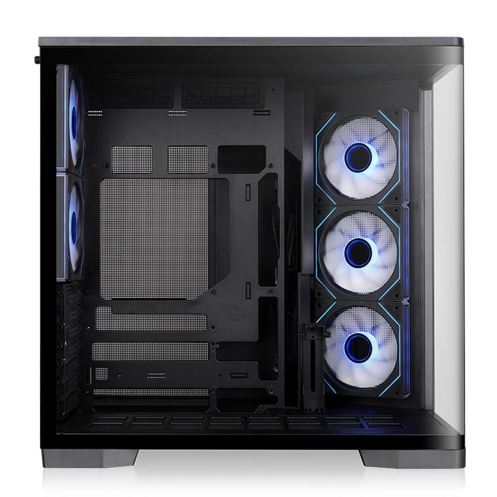 Arcus 380 TG Mid-Tower Gehäuse mit Panorama-Glasfront und drei beleuchteten Infinity-ARGB-Lüftern in schwarzem Design.