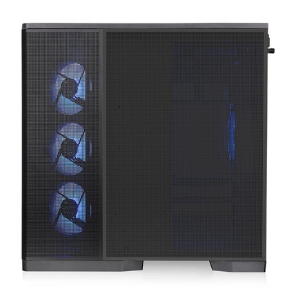 Schwarzes Arcus 380 TG PC-Gehäuse mit Mesh-Front und drei beleuchteten 120-mm-Infinity-ARGB-Lüftern.