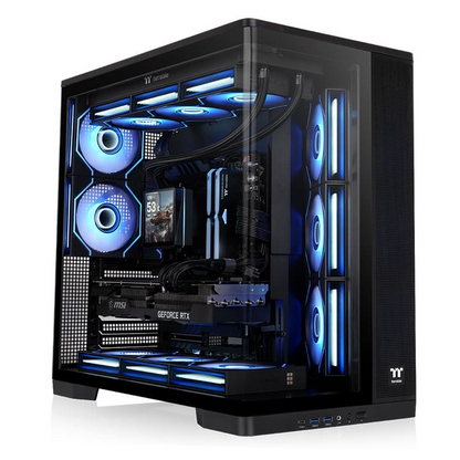 Schwarzes Arcus 380 TG PC-Gehäuse mit Panorama-Glasfront, ARGB-Lüftern und sichtbarer High-End-Gaming-Hardware.