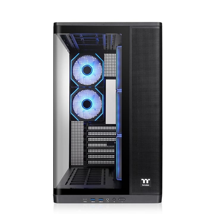 Schwarzes Arcus 380 TG PC-Gehäuse mit Panorama-Glasfront und beleuchteten Infinity-ARGB-Lüftern.