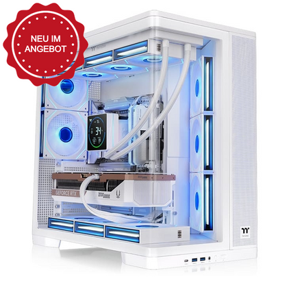 Weißes Arcus 380 TG PC-Gehäuse mit Panorama-Glasfront, ARGB-Lüftern und moderner High-End-Hardware-Konfiguration.