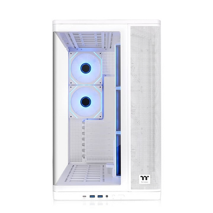 Weißes Arcus 380 TG Mid-Tower Gehäuse mit Panorama-Glasfront und beleuchteten ARGB-Lüftern für Gaming-PCs.