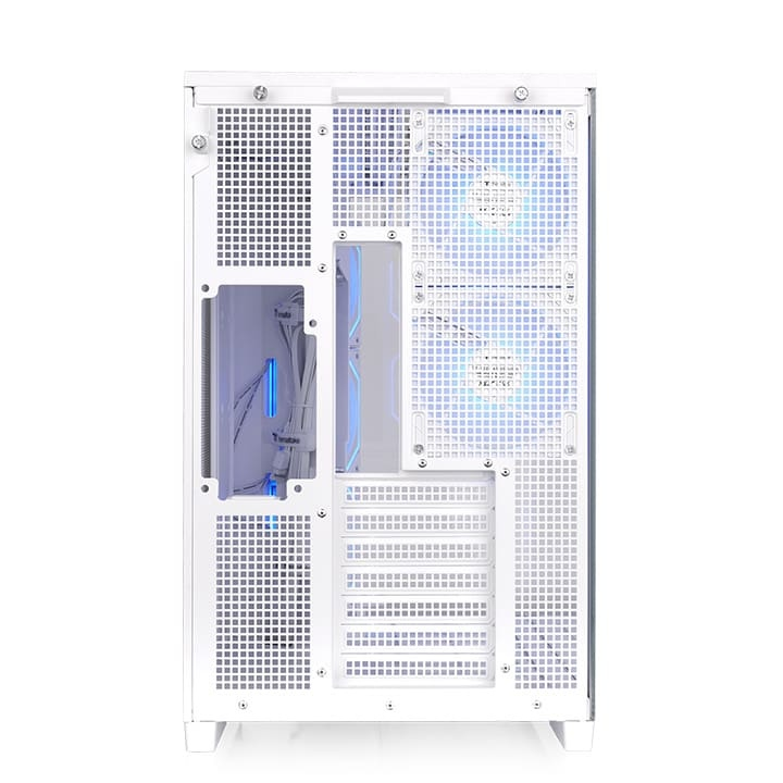 Rückseite des weißen Arcus 380 TG PC-Gehäuses mit Lüftergittern und Aussparungen für Hidden-Connector-Mainboards.