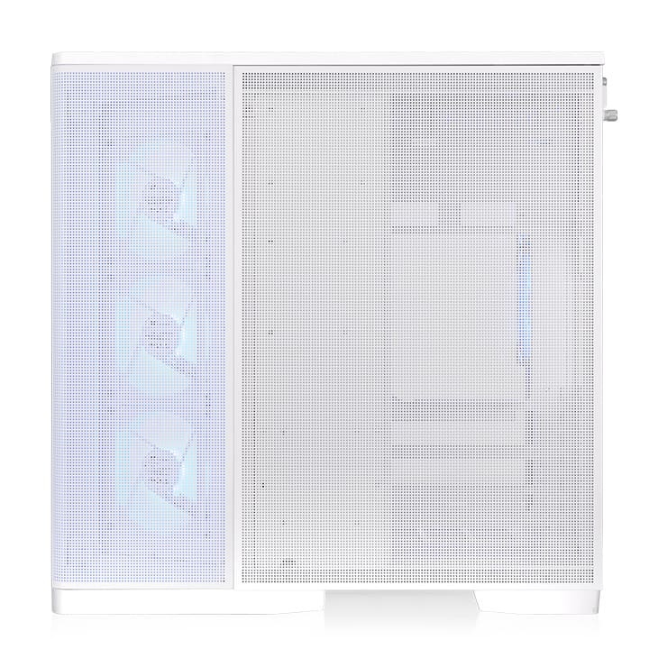 Weißes Arcus 380 TG PC-Gehäuse mit Mesh-Front, Panorama-Design und drei vorinstallierten, beleuchteten ARGB-Lüftern.