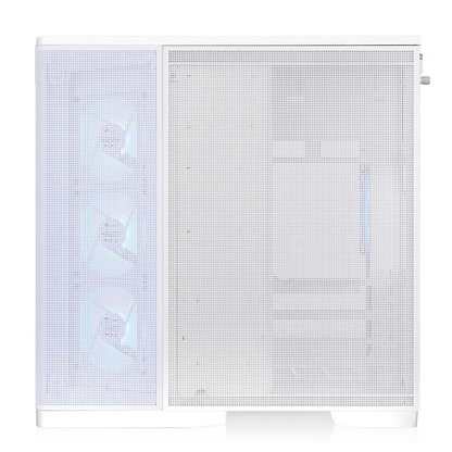 Weißes Arcus 380 TG PC-Gehäuse mit Mesh-Front, Panorama-Design und drei vorinstallierten, beleuchteten ARGB-Lüftern.