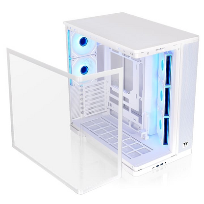Weißes Arcus 380 TG PC-Gehäuse mit Panorama-Glasfront, ARGB-Lüftern und abnehmbarem Tempered-Glass-Seitenteil.