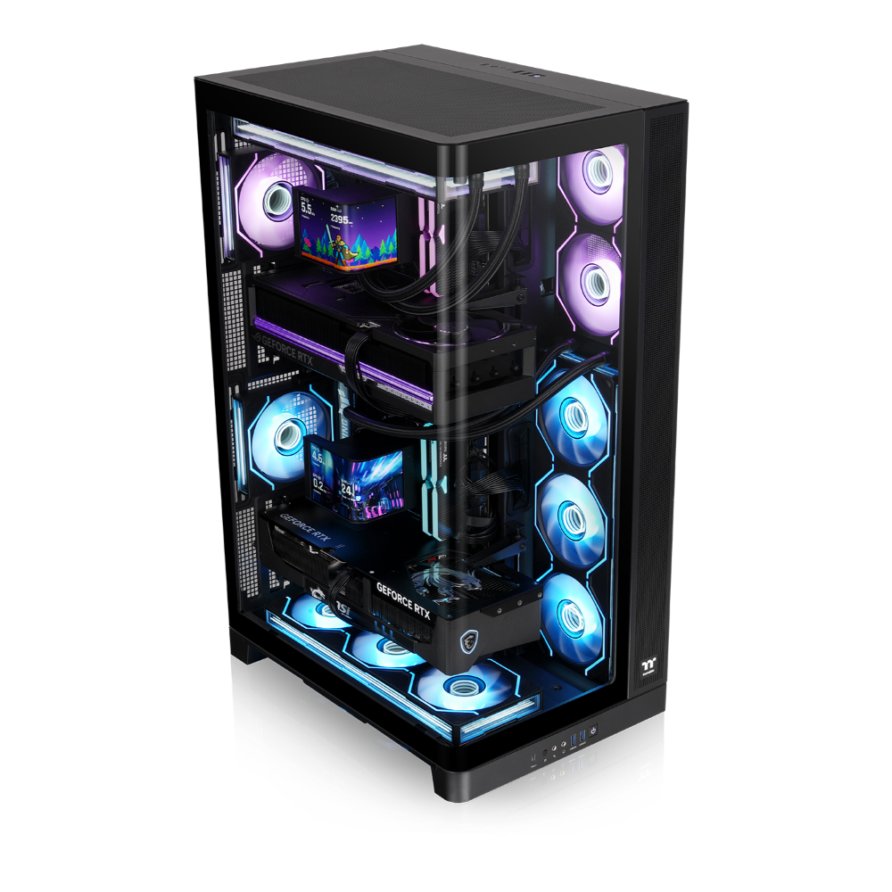 Schwarzes CAPO X Dual-System PC-Gehäuse mit Glasfront, RGB-Lüftern und zwei verbauten High-End-Grafikkarten.