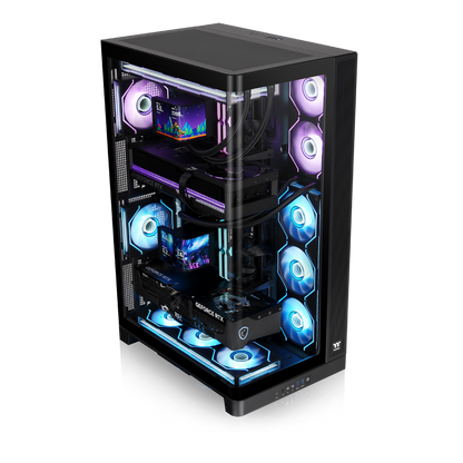 Schwarzes CAPO X Dual-System PC-Gehäuse mit Glasfront, RGB-Lüftern und zwei verbauten High-End-Grafikkarten.