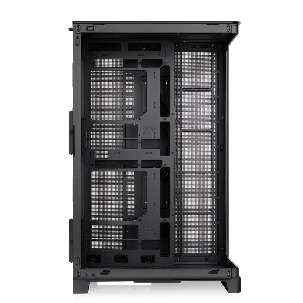 Schwarzes CAPO X Dual-System PC-Gehäuse mit offener Metallstruktur für zwei Mainboards und effiziente Kühlung.