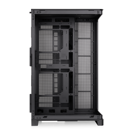 Schwarzes CAPO X Dual-System PC-Gehäuse mit offener Metallstruktur für zwei Mainboards und effiziente Kühlung.
