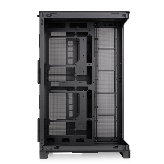 Schwarzes CAPO X Dual-System PC-Gehäuse mit offener Metallstruktur für zwei Mainboards und effiziente Kühlung.