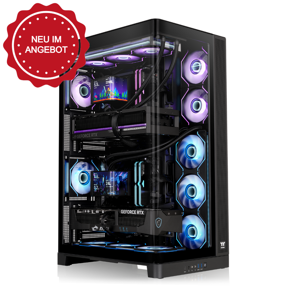 Schwarzes CAPO X Dual-System PC-Gehäuse mit Glasfront, RGB-Lüftern und zwei verbauten High-End-Grafikkarten.