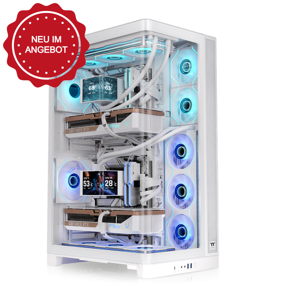 Weißes CAPO X Dual-System PC-Gehäuse mit zwei Gaming-PCs, RGB-Beleuchtung, Wasserkühlung und Glas-Showcase-Design.