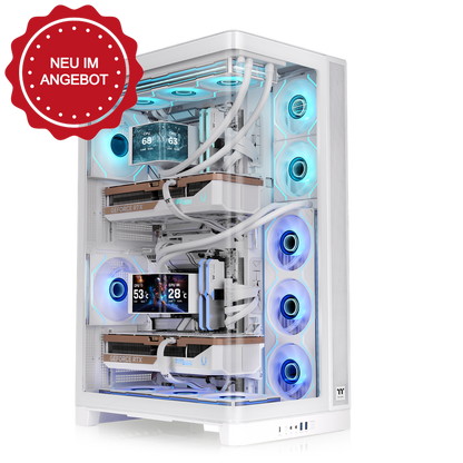 Weißes CAPO X Dual-System PC-Gehäuse mit zwei Gaming-PCs, RGB-Beleuchtung, Wasserkühlung und Glas-Showcase-Design.