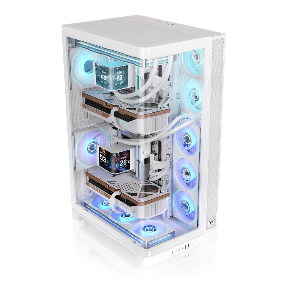 Weißes CAPO X Dual-System PC-Gehäuse mit zwei Gaming-PCs, RGB-Beleuchtung, Wasserkühlung und Showcase-Design.