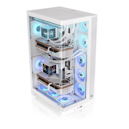Weißes CAPO X Dual-System PC-Gehäuse mit zwei Gaming-PCs, RGB-Beleuchtung, Wasserkühlung und Showcase-Design.