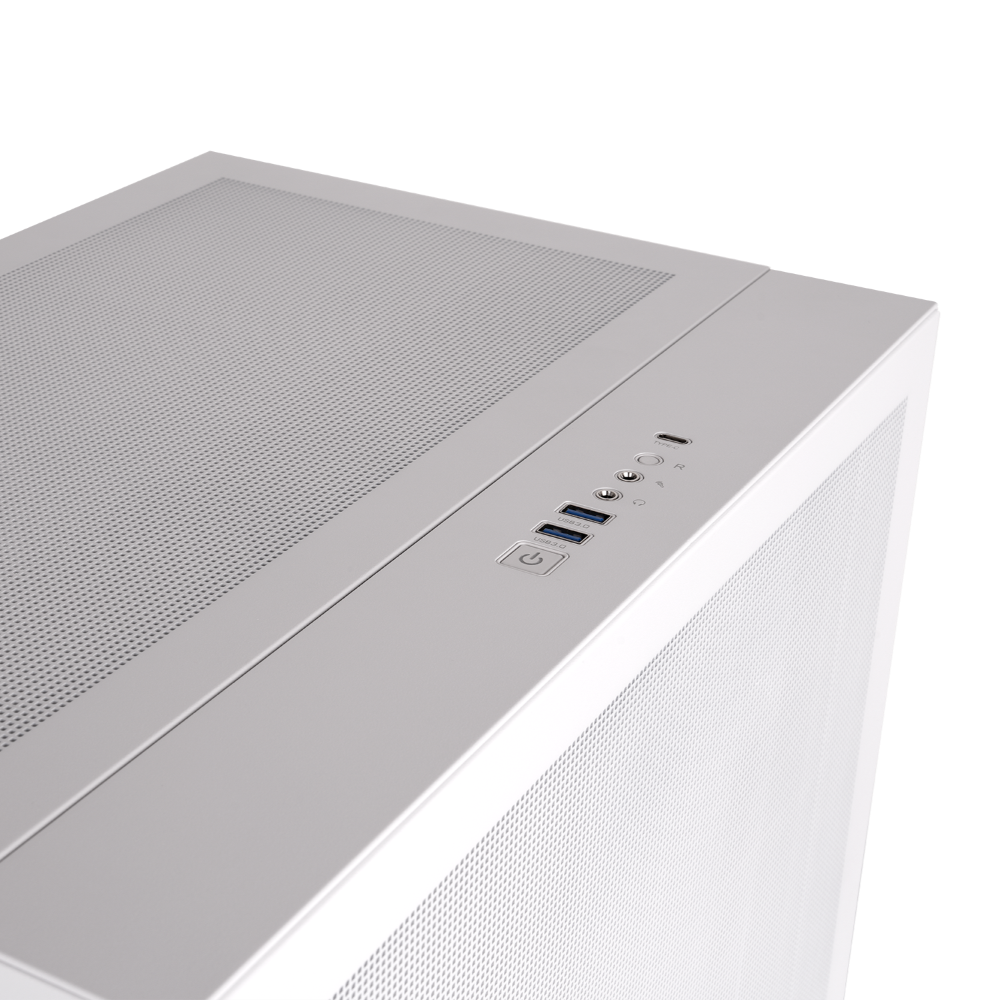 Weißes CAPO X Dual-System PC-Gehäuse mit Mesh-Oberseite und übersichtlichem I/O-Panel inklusive USB-Anschlüssen.