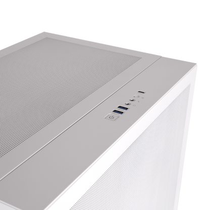 Weißes CAPO X Dual-System PC-Gehäuse mit Mesh-Oberseite und übersichtlichem I/O-Panel inklusive USB-Anschlüssen.