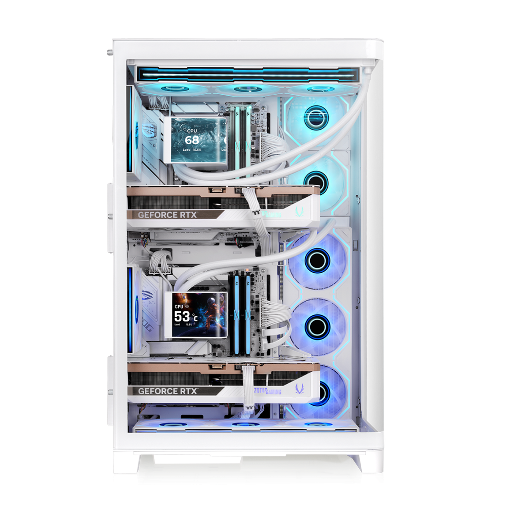 Weißes CAPO X Dual-System PC-Gehäuse mit zwei Grafikkarten, Wasserkühlung und blauer LED-Beleuchtung im Showcase-Design.