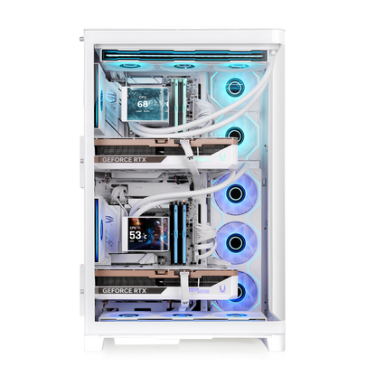 Weißes CAPO X Dual-System PC-Gehäuse mit zwei Grafikkarten, Wasserkühlung und blauer LED-Beleuchtung im Showcase-Design.