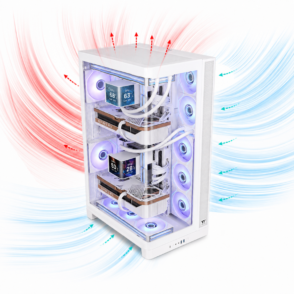 Weißes CAPO X Dual-System PC Gehäuse mit Glasfront, ARGB-Lüftern und illustriertem Luftstrom für Gaming und Streaming.
