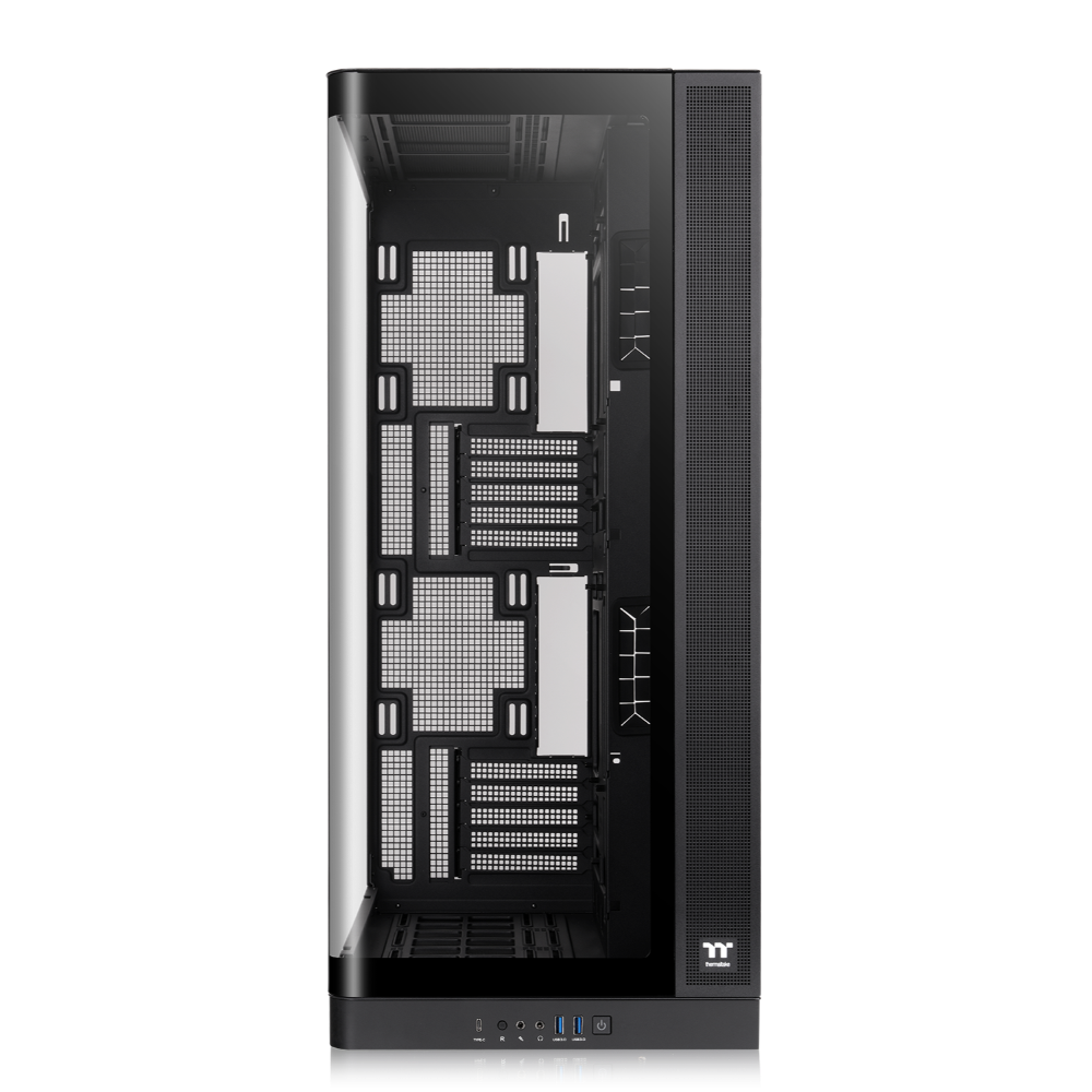 Schwarzes CAPO X Dual-System PC-Gehäuse mit Glasfront und modernem Showcase-Design für zwei unabhängige Gaming-PCs.
