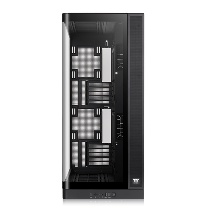 Schwarzes CAPO X Dual-System PC-Gehäuse mit Glasfront und modernem Showcase-Design für zwei unabhängige Gaming-PCs.
