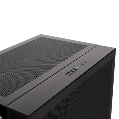 Schwarzes CAPO X Dual-System PC-Gehäuse mit Mesh-Oberseite und integrierten Anschlüssen für Gaming und Streaming.