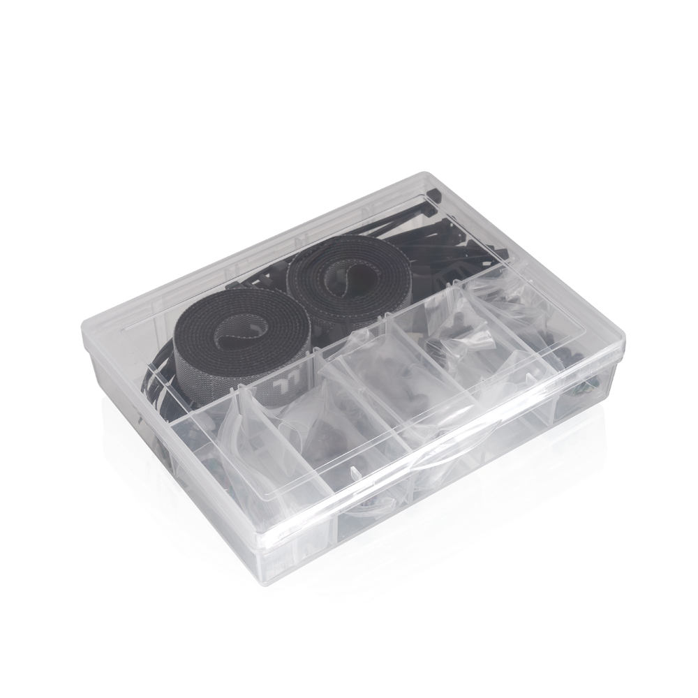 Transparente Sortierbox mit Kabelbindern und Schrauben-Sets für das CAPO X Dual System PC-Gehäuse.