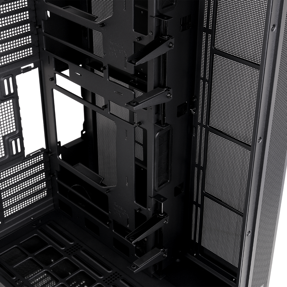 Schwarzes CAPO X Dual-System PC-Gehäuse mit geräumigem Innenraum, modularen Halterungen und perforierten Lüftungsgittern.