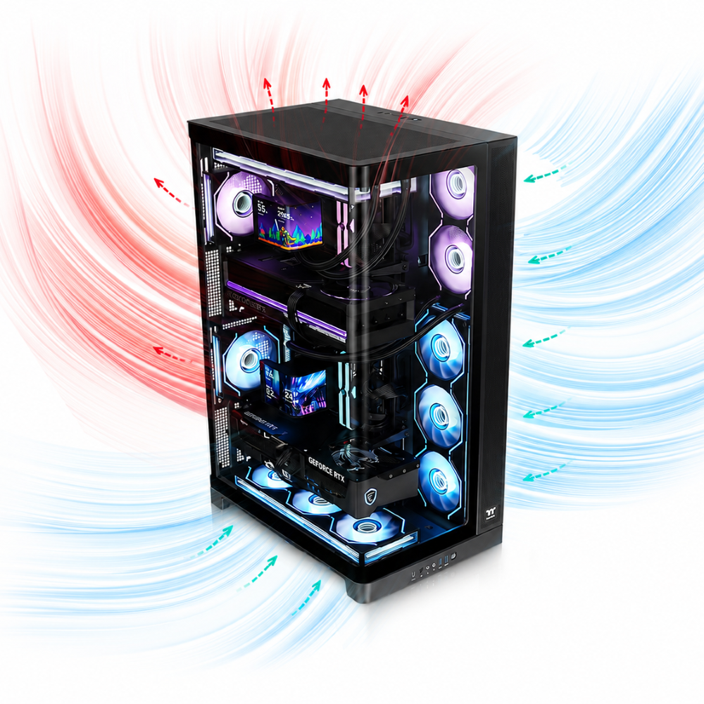 Schwarzes CAPO X Dual-System PC-Gehäuse mit Glasfront, RGB-Lüftern und illustriertem Luftstrom für Gaming und Streaming.