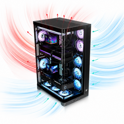 Schwarzes CAPO X Dual-System PC-Gehäuse mit Glasfront, RGB-Lüftern und illustriertem Luftstrom für Gaming und Streaming.