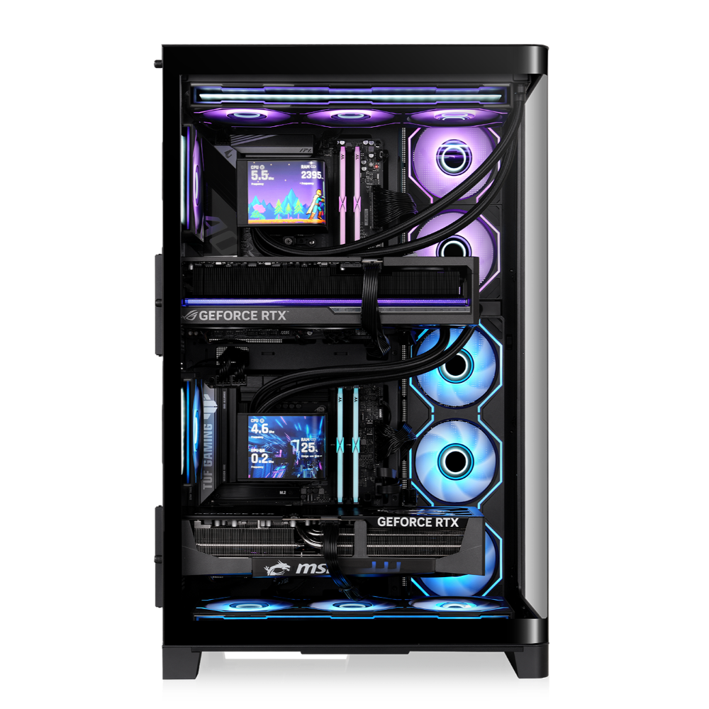 Schwarzes CAPO X Dual-System PC-Gehäuse mit zwei Gaming-PCs, RGB-Beleuchtung und Glasfront für Streaming-Setups.