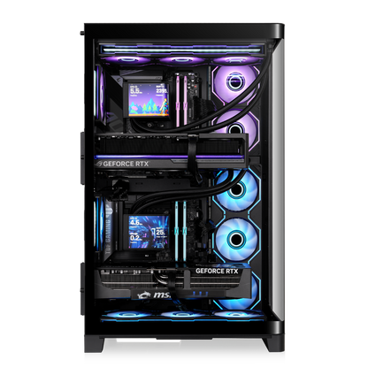 Schwarzes CAPO X Dual-System PC-Gehäuse mit zwei Gaming-PCs, RGB-Beleuchtung und Glasfront für Streaming-Setups.