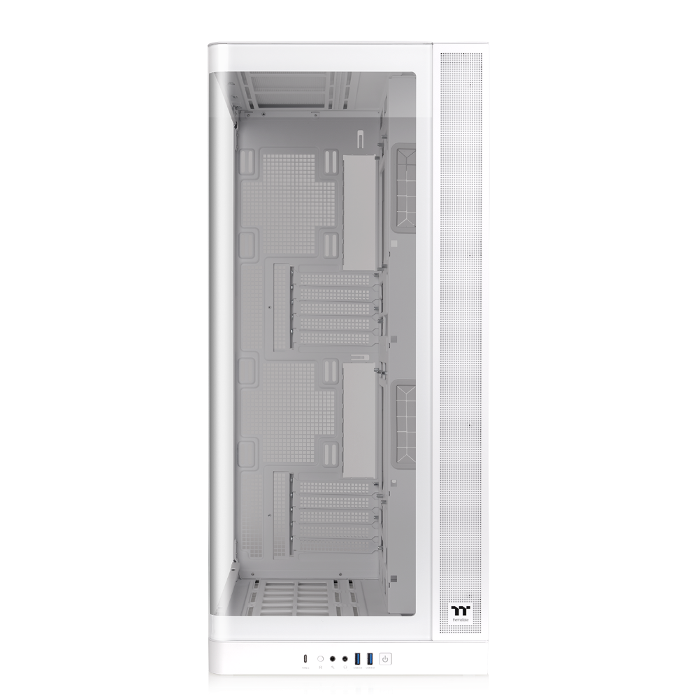 Weißes CAPO X Dual-System PC-Gehäuse mit Glasfront für zwei unabhängige Gaming- und Streaming-PCs in einem Showcase-Design.