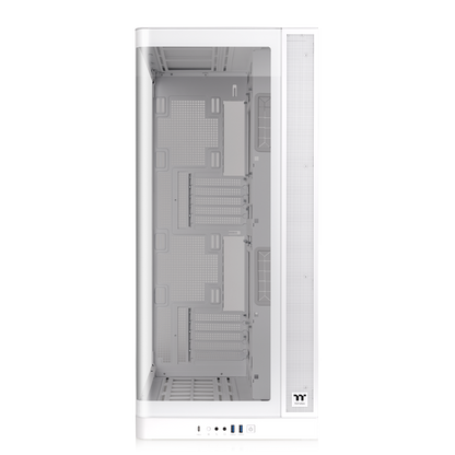 Weißes CAPO X Dual-System PC-Gehäuse mit Glasfront für zwei unabhängige Gaming- und Streaming-PCs in einem Showcase-Design.