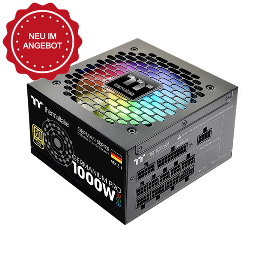 Das Germanium Pro RGB 1000W Black ist ein 80 PLUS Gold-zertifiziertes PC-Netzteil (PSU) mit der Spezifikation ATX 3.1 und ist sogar mit einem nativen PCIe Gen 5.1 12+4-Pin-Anschluss ausgestatt.