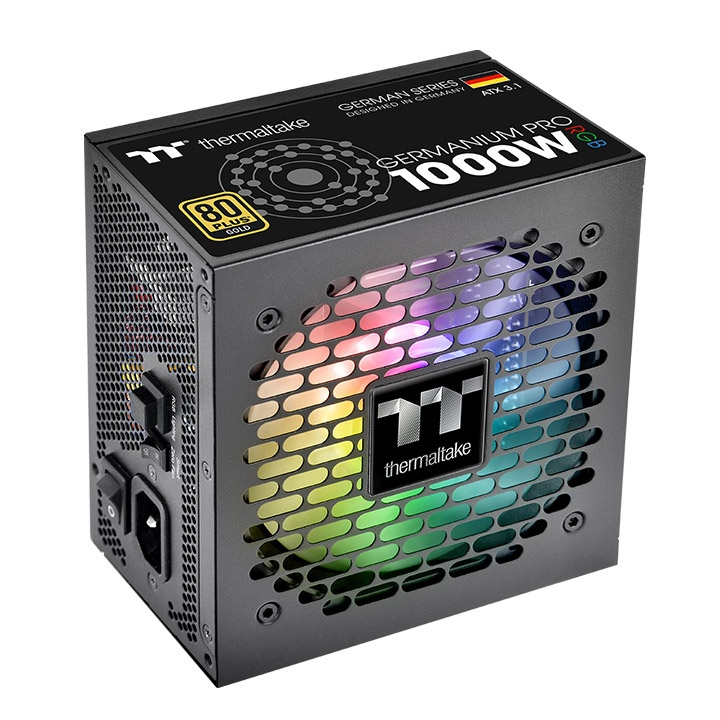 Das Germanium Pro RGB 1000W Black ist ein 80 PLUS Gold-zertifiziertes PC-Netzteil (PSU) mit der Spezifikation ATX 3.1 und ist sogar mit einem nativen PCIe Gen 5.1 12+4-Pin-Anschluss ausgestatt.