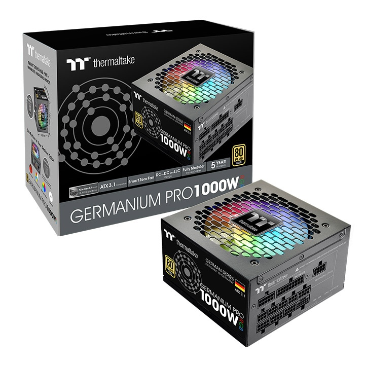 Das Germanium Pro RGB 1000W Black ist ein 80 PLUS Gold-zertifiziertes PC-Netzteil (PSU) mit der Spezifikation ATX 3.1 und ist sogar mit einem nativen PCIe Gen 5.1 12+4-Pin-Anschluss ausgestatt.