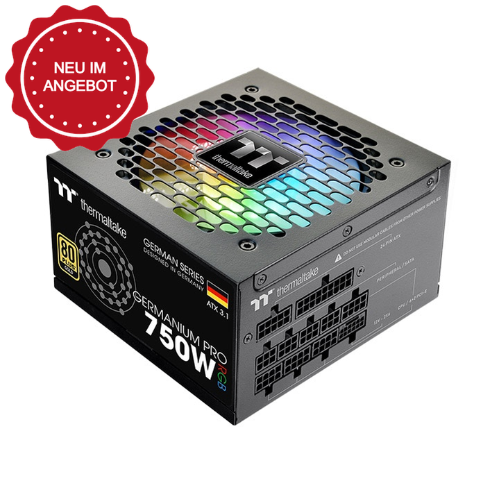 Das Germanium Pro RGB 750W Black ist ein 80 PLUS Gold-zertifiziertes PC-Netzteil (PSU) mit der Spezifikation ATX 3.1 und ist sogar mit einem nativen PCIe Gen 5.1 12+4-Pin-Anschluss ausgestatt.