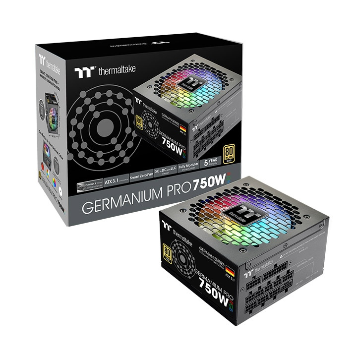 Das Germanium Pro RGB 750W Black ist ein 80 PLUS Gold-zertifiziertes PC-Netzteil (PSU) mit der Spezifikation ATX 3.1 und ist sogar mit einem nativen PCIe Gen 5.1 12+4-Pin-Anschluss ausgestatt.