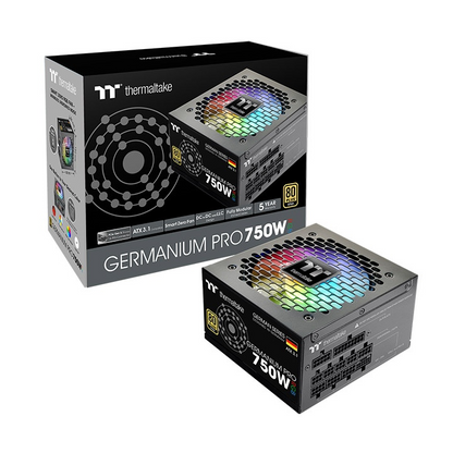 Das Germanium Pro RGB 750W Black ist ein 80 PLUS Gold-zertifiziertes PC-Netzteil (PSU) mit der Spezifikation ATX 3.1 und ist sogar mit einem nativen PCIe Gen 5.1 12+4-Pin-Anschluss ausgestatt.